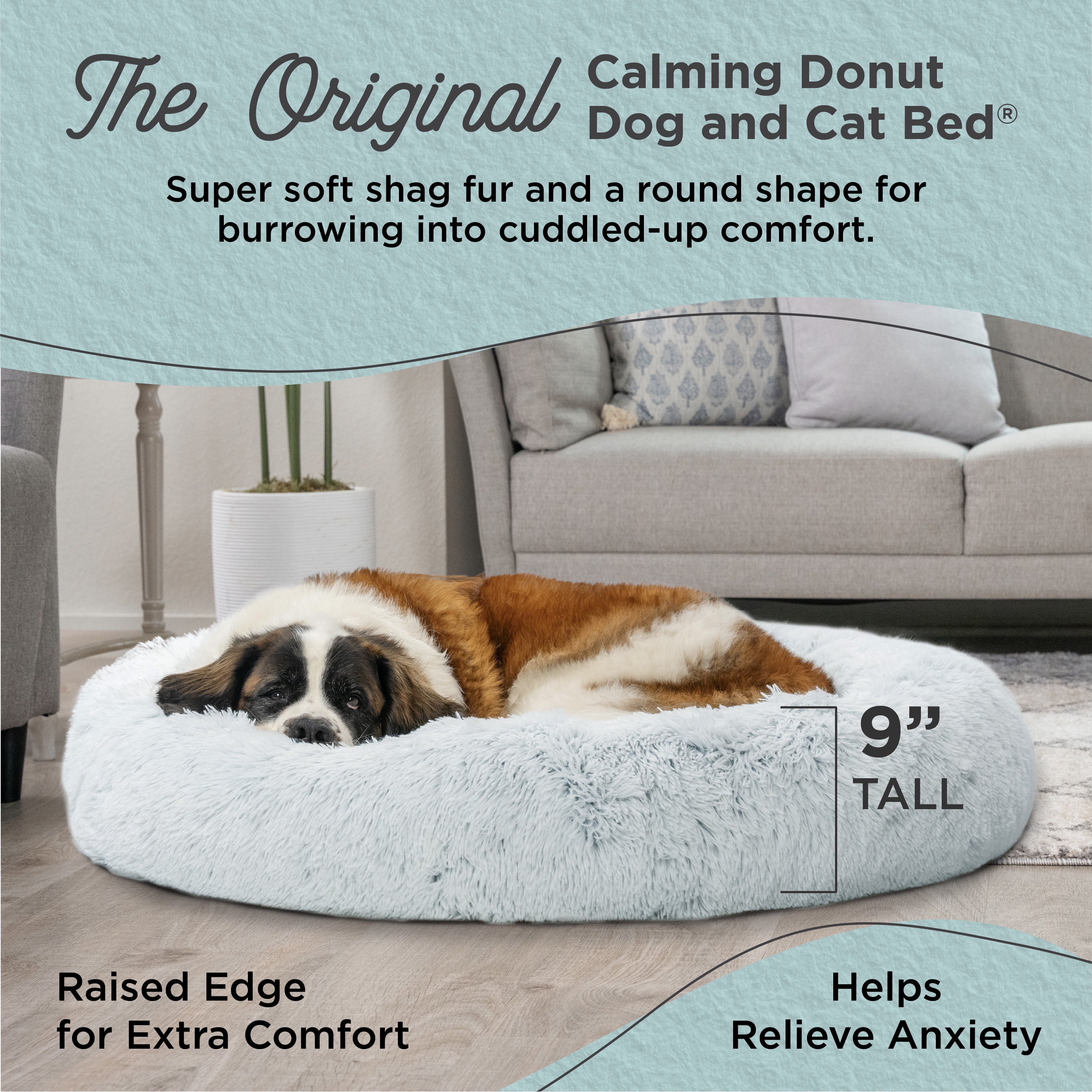 Best Friends by Sheri The Original Calming Donut Dog and Cat Bed in Shag Fur Frost, Extra Large 45x45"