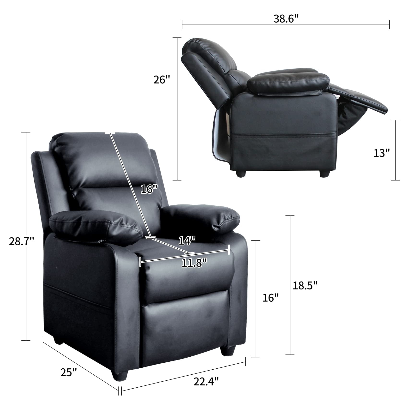 UNICOO® Kids Recliner Chair, Toddlers Recliner with Headrest Footrest and Lumbar Support, Ergonomic PU Leather Armchair Lounge Chair (Black)