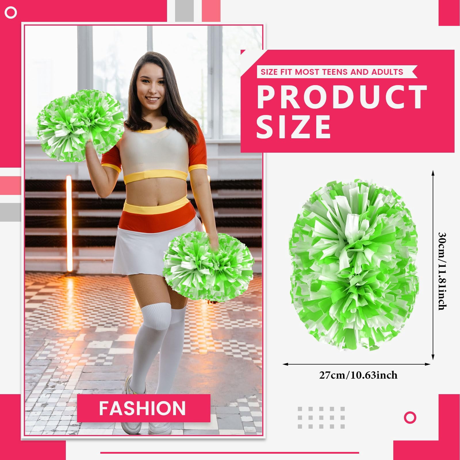 Cheer Pom Poms 8 Pcs with Handle, Cheerleading Handheld Squad Pompoms for Sports Team Cheer Spirit Games Dance Party Adults