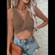 thumbnail image 4 of Top Corto Sin Mangas con Cuello en V y Tirantes Finos de Punto Acanalado para Mujer Marrón XL, 4 of 9