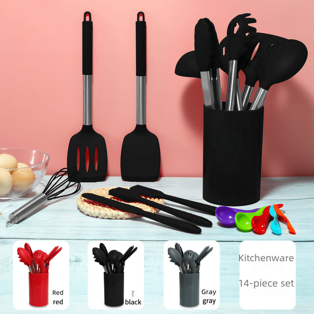 Juego de utensilios de cocina con mango de silicona de acero inoxidable, 15 piezas, cubo de almacenamiento, espátula para cocinar, utensilios de cocina de silicona a granel