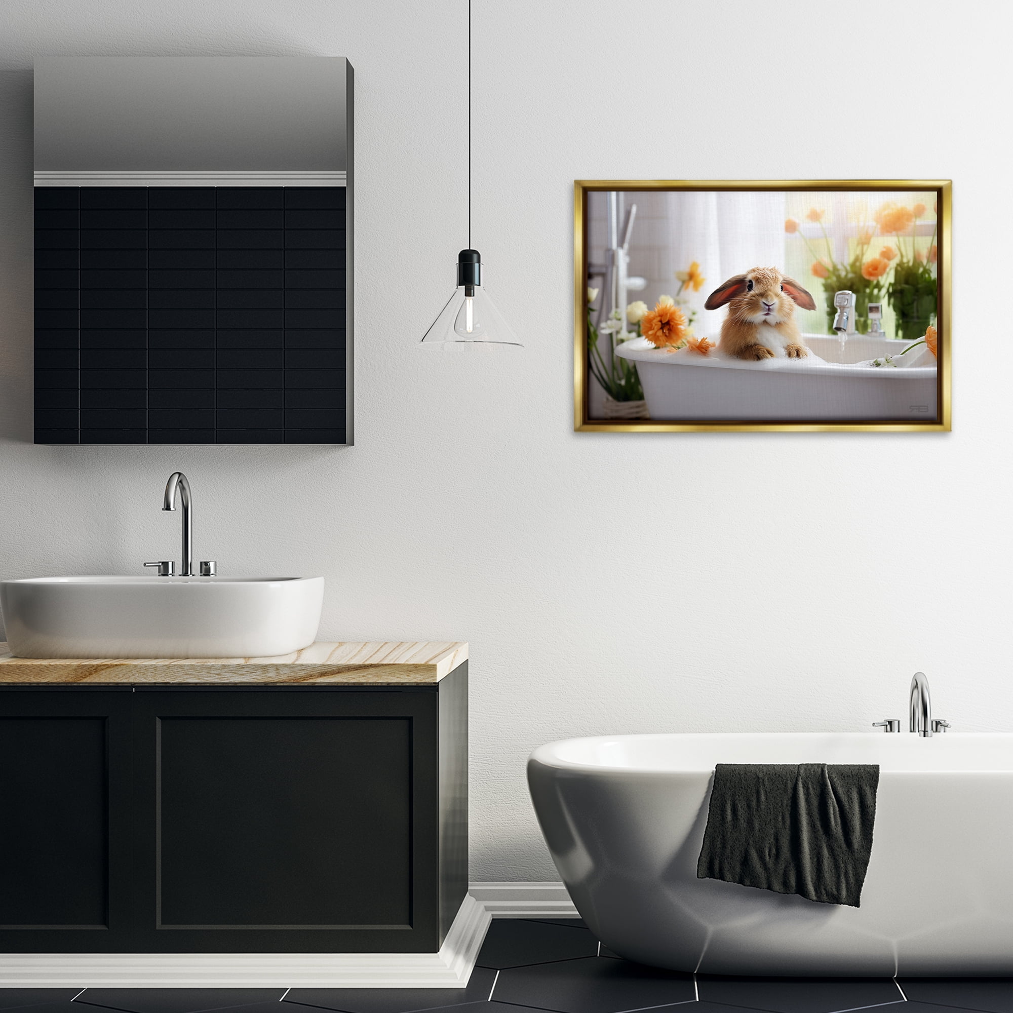 Stupell Industries Bathing Baby Bunny Typography Painting Gold Floater Framed Canvas Art Print Wall Art, 31 x 21