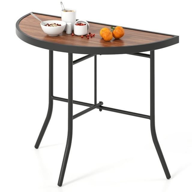 Gymax Table d'Événement Demi-Ronde Pliable Table de Banquet Pliable avec Cadre en Métal Brun