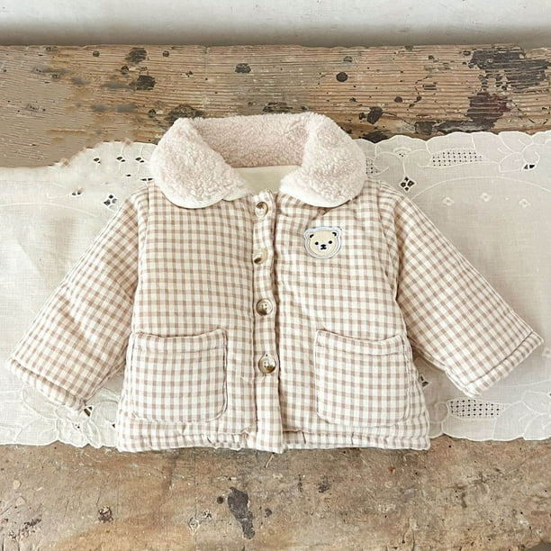 Chaquetas y abrigos casuales de manga larga sin capucha para niños, otoño e invierno, de manga larga, con cuello a cuadros, bordado de osito de peluche, chaqueta de manga larga con botones, abrigo de