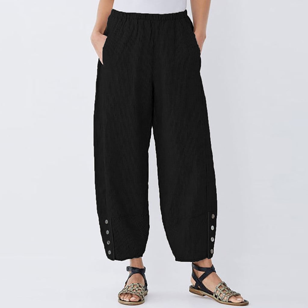 〖TOTO〗Plus Capri Pants For Women Stripe High Waist Cotton And Linen