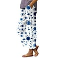 thumbnail image 2 of Capri Pants For Women Loose Fit Trendy Floral Print Elastic Waist Holiday Straight Legs Trouser Blue Lounge Pajama Pant L, 2 of 5