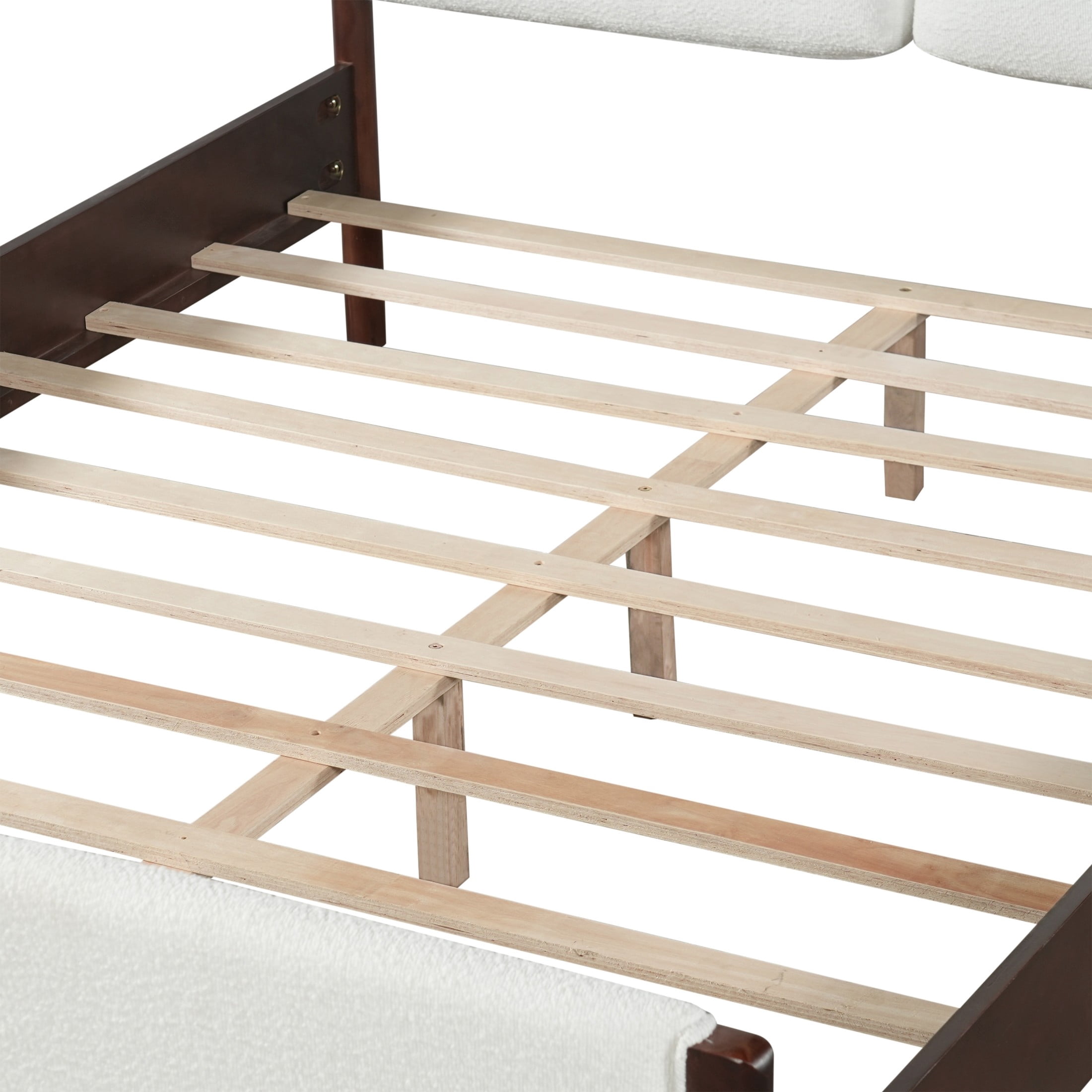 Christopher Knight Home Queen Platform Bed with White Upholstered, Wood Frame, Dark Walnut Finish