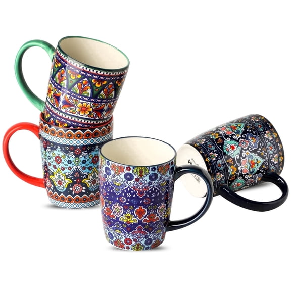Tikooere 16 Oz Ceramic Coffee Mugs Set of 4, Bohemian Colorful Large Coffee Cups, Microwave & Dishwasher Safe, for Latte Tea Hot Cocoa, Ideal Housewarming Gift