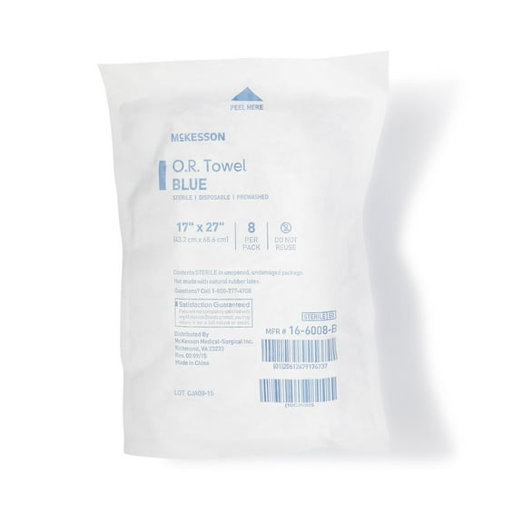 McKesson O.R. Towels, Sterile, Non-Radiopaque Fabric, Blue, 17 in x 27 in, 80 Towels, 1 Pack
