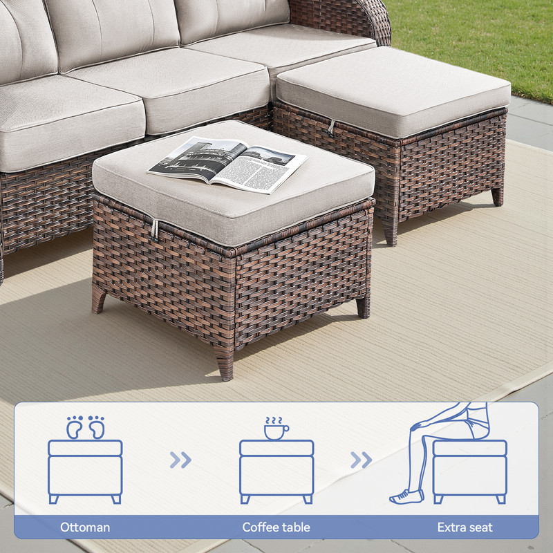 PARKWELL 7 Pieces Patio Furniture Set with Swivel Chairs, 7-Seat Wicker Conversation Set with Rattan Rocking Chair, Ottoman, Coffee Table and 5" Thick Cushion for Porch Deck, Brown/Beige