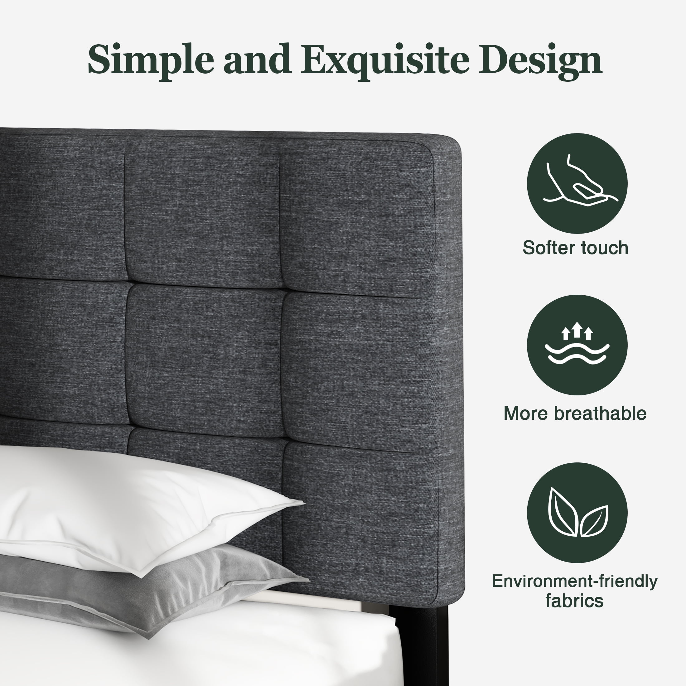 Amolife Queen Size Fabric Upholstered Panel Bed Frame with Adjustable Headboard, Square Stitched Style, Grey