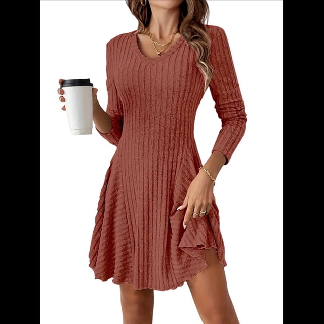 Vestido de Suéter de Larga, Vestido de Otoño, Cuello Redondo, Cintura Alta, Vestido Ajustado, Vestido Casual para Mujer Rojo Ladrillo S