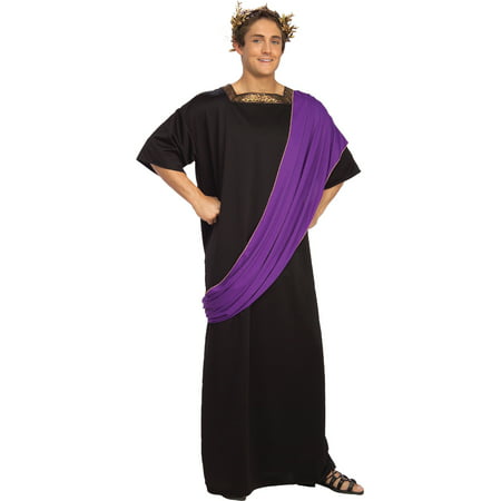 Men's Large Black Roman Dionysus Costume Toga With Purple Sash & Wreath Headband