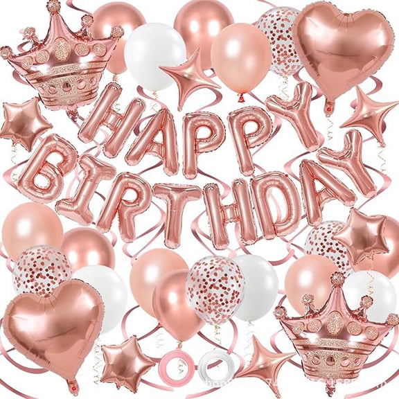 Rose Gold Crown Birthday Party Decorations for Women Girls with Happy Birthday Balloons, Hanging Swirls,28 Balloons Princess Themed Party Decorations for Girls Women