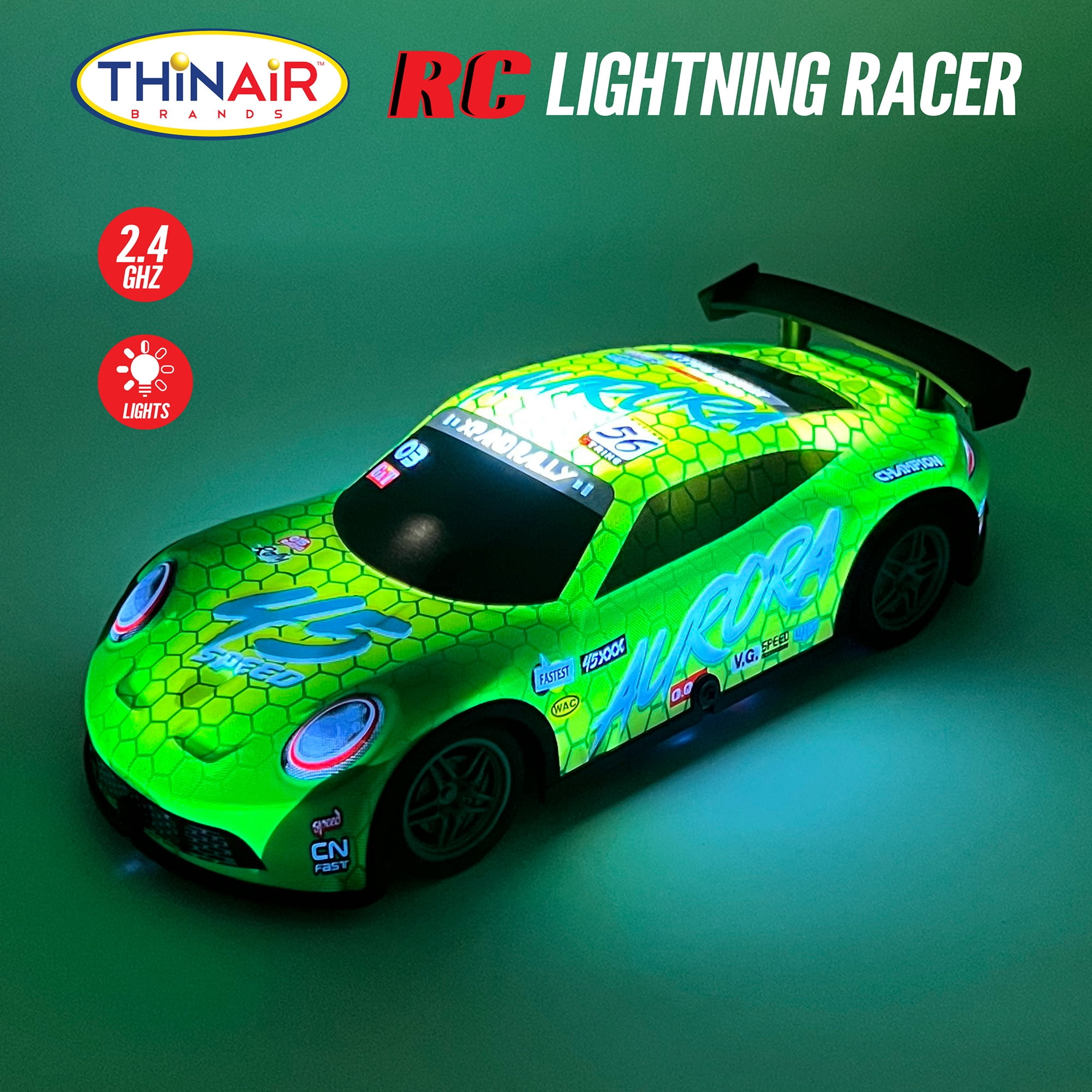 Hyper Drive: RC Lightning Racer - Green & Yellow - Light-Up Remote Control Car, High-Speed Play Vehicle, LED Lights, 2.4 GHz, 1:40 Scale, Kids 5+