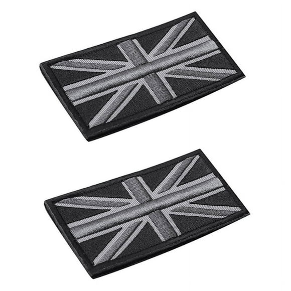 2X MODA Union Jack Bandera Del Reino Patch Stick Atrás 10cm x 5cm , (Negro / Gris)