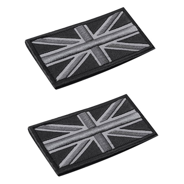 2X MODA Union Jack Bandera Del Reino Patch Stick Atrás 10cm x 5cm , (Negro / Gris)