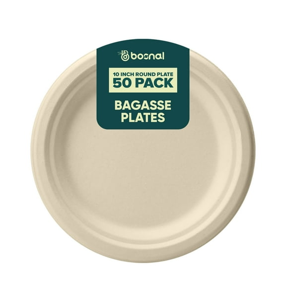 BOSNAL 10 Inch Round Bagasse Plates (50 Pack) – Compostable, Biodegradable & Eco-Friendly Disposable Dinner Plates for Parties, Events & Catering