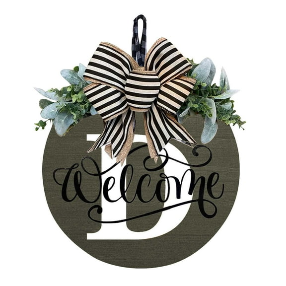 Personalized Last Name Welcome Sign with Letter,Welcome Sign for Front Door Porch Farmhouse Decoration,Wreath Wall Decor Outside All Season, Round Wooden Hanging Housewarming Gift