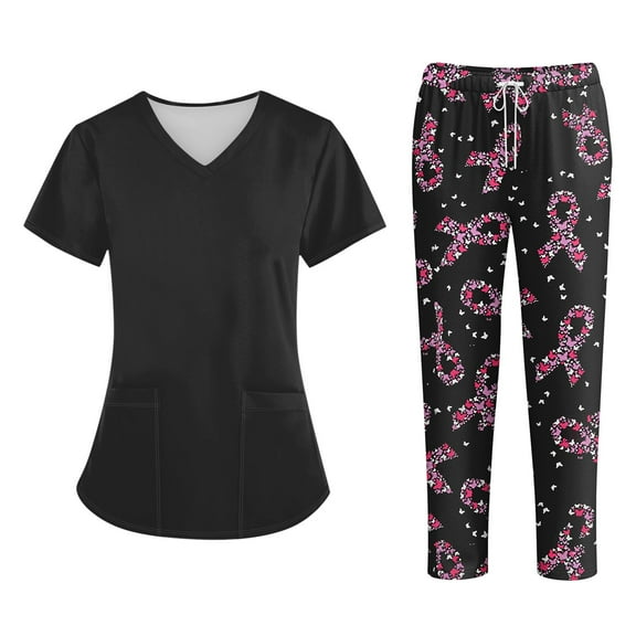 WTOBBY Women's Plus Size Short Sleeve Printed Scrubs Set with Pockets, V-Neck, Fun Floral Animal Design, 2-Piece Nursing Uniform, Medical Workwear for Caregivers,Black L