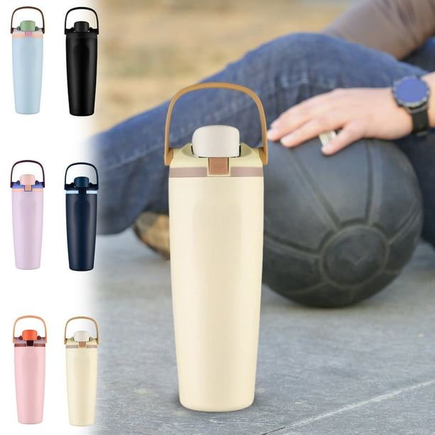 Taza de Agua con Asa para Beber o Beber Directamente, Portátil, Aislada para Coche, de Acero Inoxidable, Apta para Viajes, Acabado Cremoso.