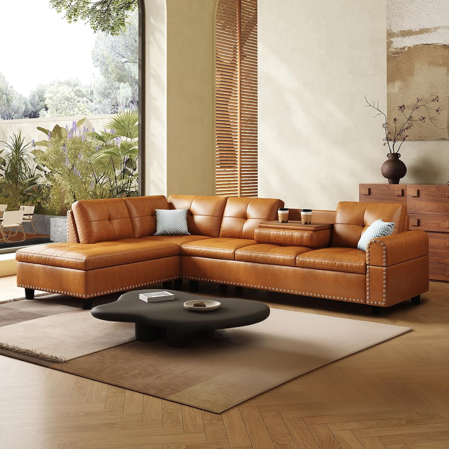 AENKYO 98" L-Shaped Upholstered Sectional Sofa Couch with Storage & Cup Holders, Faux Leather Living Room Sofa Set, Ginger