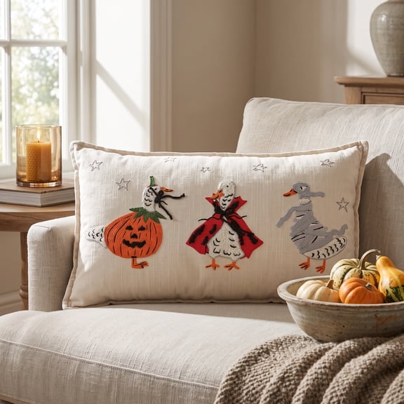 Halloween Goose Lumbar Throw Pillow 14x22 Inch, Cute Geese in Pumpkin Vampire Costume Rectangular Decorative Pillow, Farmhouse Fall Halloween Decor Cushion for Sofa Couch Home Indoor Decor