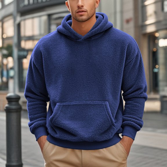WMTBSRSW Mens Fuzzy Fleece Hoodies Warm Long Sleeve Pullover with Hood Solid Casual Push Sherpa Hooded Sweatshirts with Kanga Pocket Navy XL