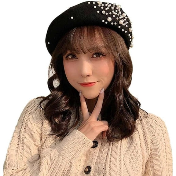 Women Girls Beaded Pearl Rhinestone Wool French Beret Hat Winter Artist Painter Hats Beanie Cap