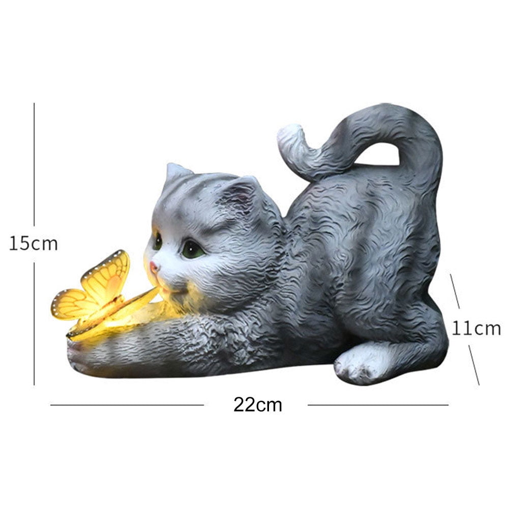 Yucurem Solar Garden Figurines Ornaments, Cat Solar Garden Statue with Butterfly Light Decor for Patio, Balcony, Yard Art Decoration for Birthday Housewarming Gift (Gray)