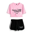 thumbnail image 2 of ILLIT merch  Super Real Me  tshirt sets for women midriff-baring fitted crop sets gym sets streetwear short pants, 2 of 9
