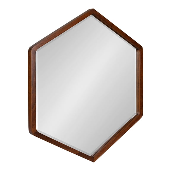 Kate and Laurel McLean Modern Wood Framed Hexagon Wall Mirror, 26 x 30, Walnut Brown, Decorative Geometric Mirror for Wall