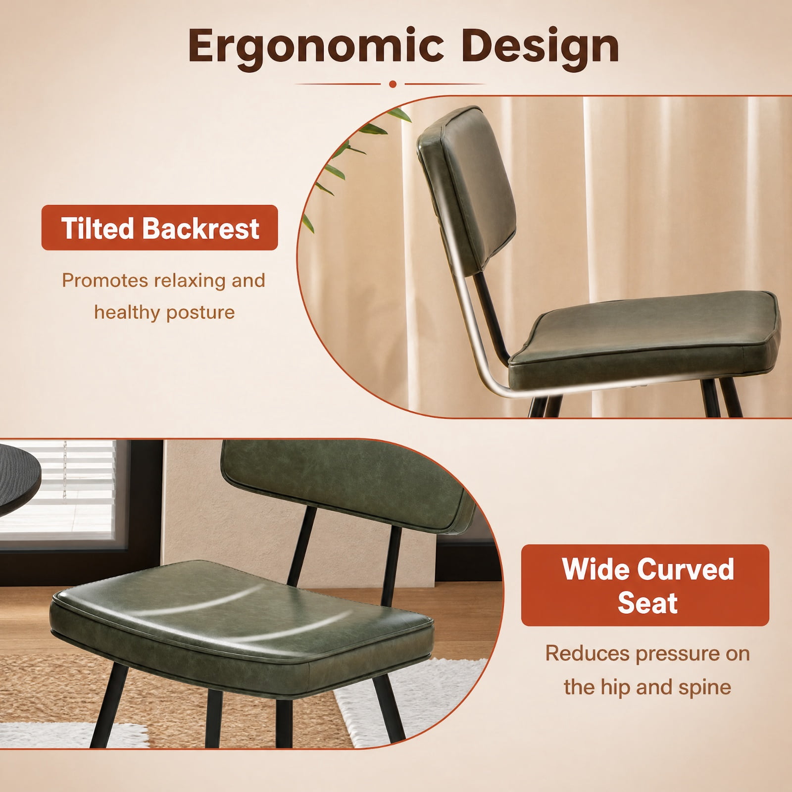 Furnibear Leather Dining Chairs Set of 2 with Padded Backrest and Tapered Metal Legs for Kitchen Dining Room, Dark Green