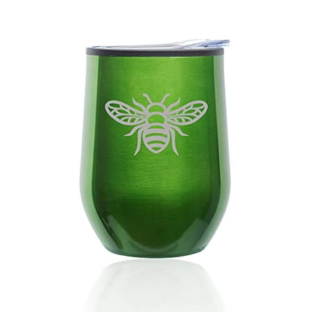 

Stemless Wine Tumbler Coffee Travel Mug Glass with Lid Honey Bee (Green)