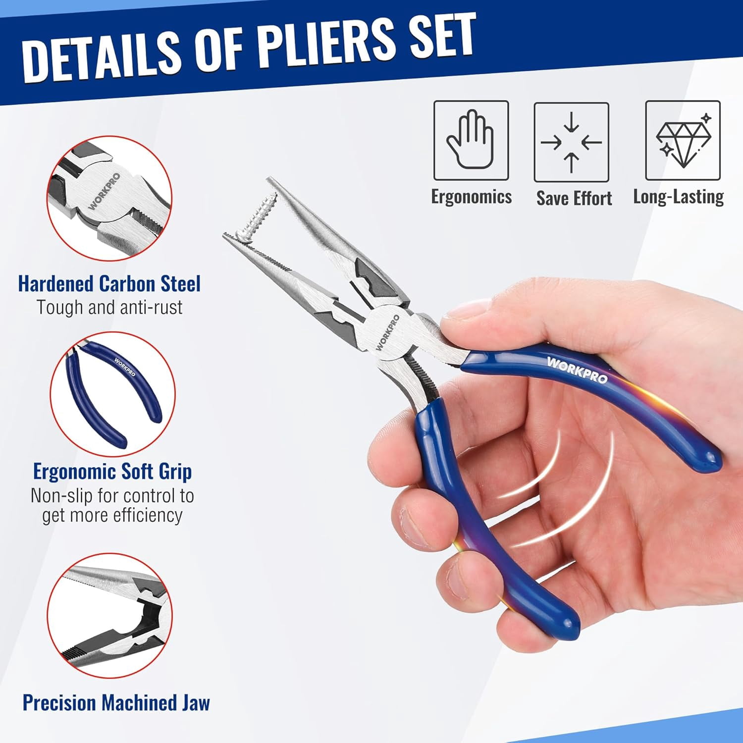 Set, 3-Piece Professional Tool Kit – 6" Needle Nose Plier, 6" Slip Joint Plier & 6" Diagonal Plier, Soft Grip Handles for Home DIY & Electrical Work