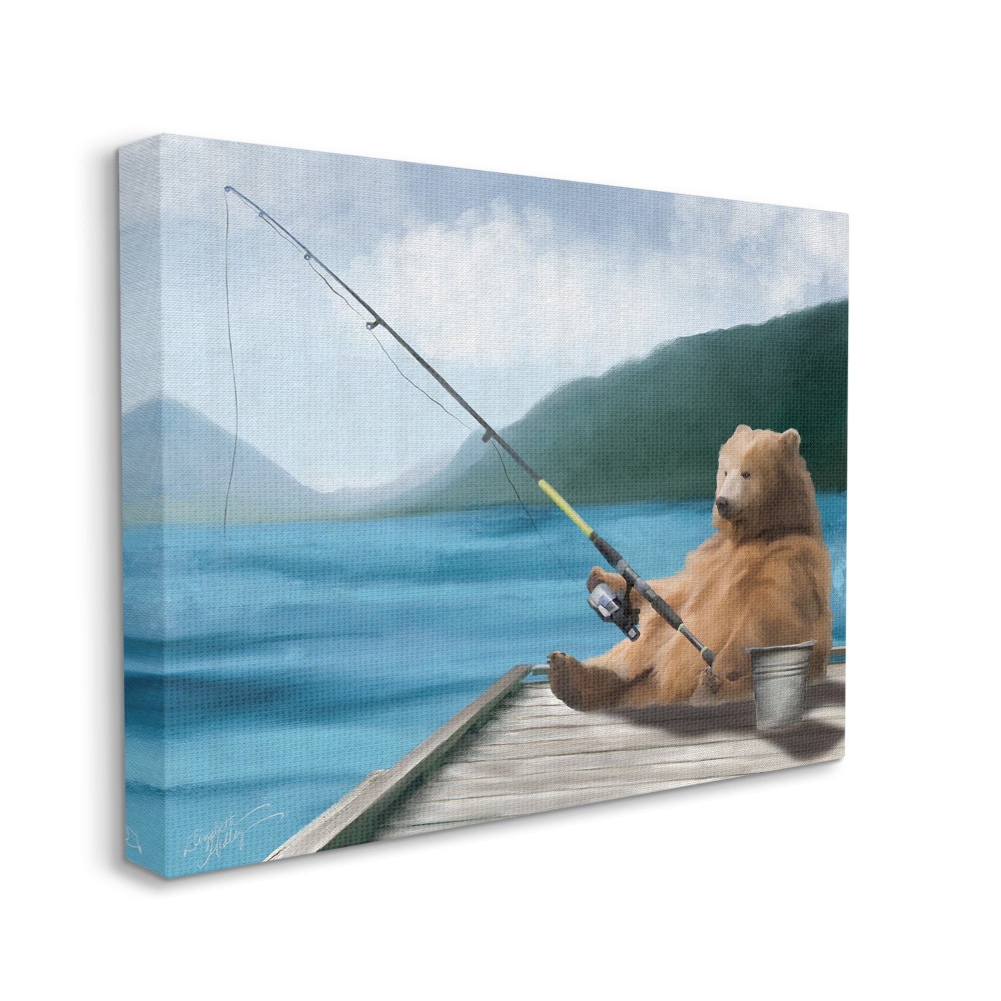 Stupell Bear Fishing Pole Lake Dock Animals & Insects Painting Gallery Wrapped Canvas Print Wall Art