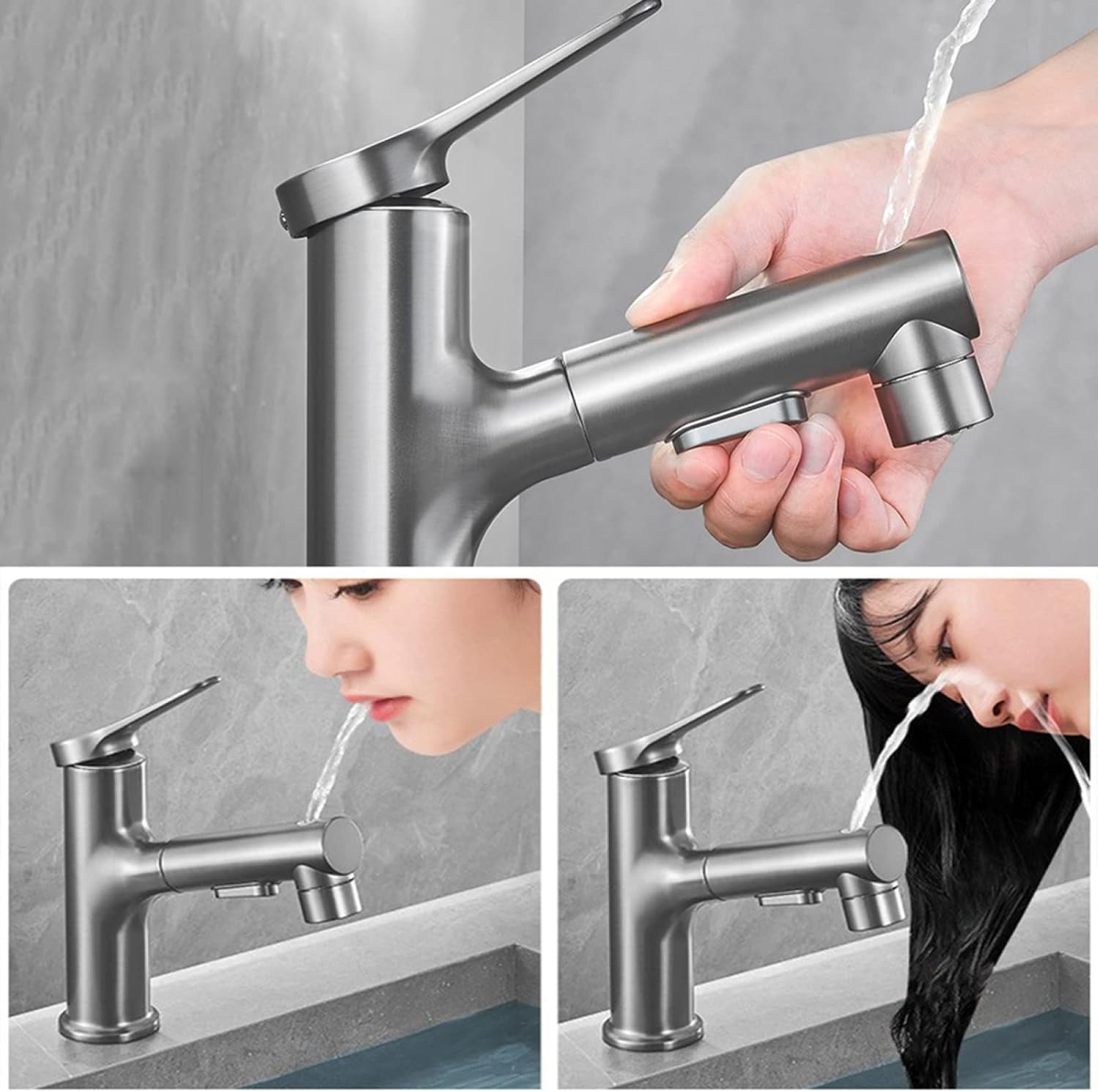 Bathroom Faucet with Pull Out Sprayer,Brass Bathroom Sink Faucet,3 Modes Bathroom Pull Out Faucet,Bathroom Faucet Single Handle,Basin Faucet for Hot and Cold Water,Gun Gray