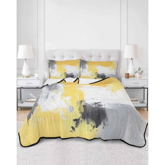 Quilts King Size, Yellow Gray Soft Comforter Bedding Set for Bed, Modern Oil Painted Abstract Geometric Lightweight Quilted Bedspread with Pillow Cover(2 Pieces) for All Season, 96x106 Inch