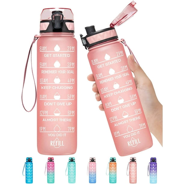 AIMTYD 32oz Motivational Fitness Sports Water Bottle with Time Marker &  Removable Strainer,Fast Flow,Flip Top Leakproof Durable BPA Free Non-Toxic