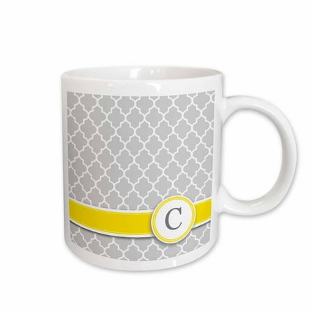 Gray Ceramic - 3dRose Your personal name initial letter C - monogrammed grey quatrefoil pattern - personalized yellow gray, Ceramic Mug, 11-ounce