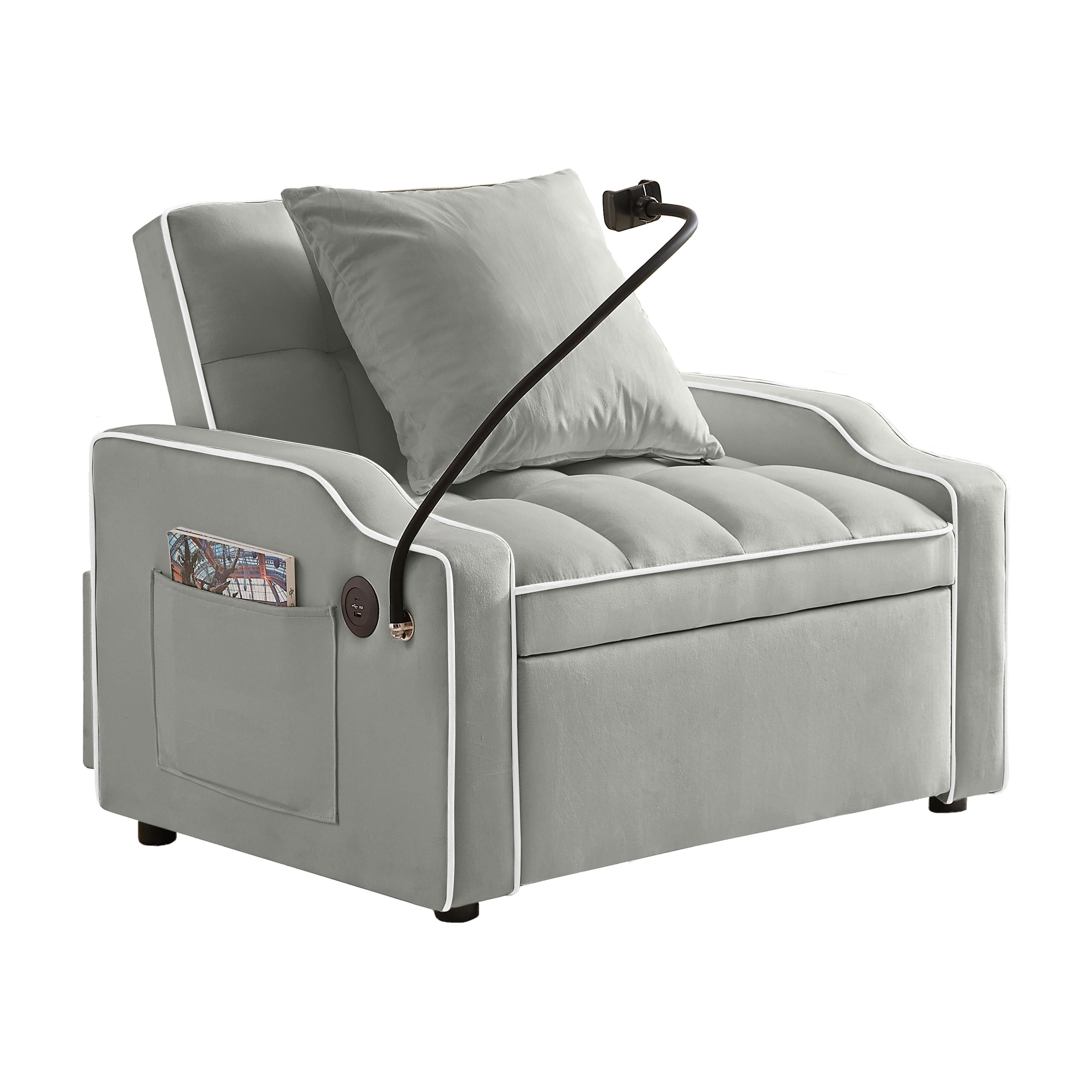 Leumius Convertible Sofa Chair Bed,3-in-1 Sleeper Sofa with Pull-Out Bed,Modern Velvet Single Sofa Chair with Reclining Backrest and Wide Armrest for Living Room Small Space,Gray