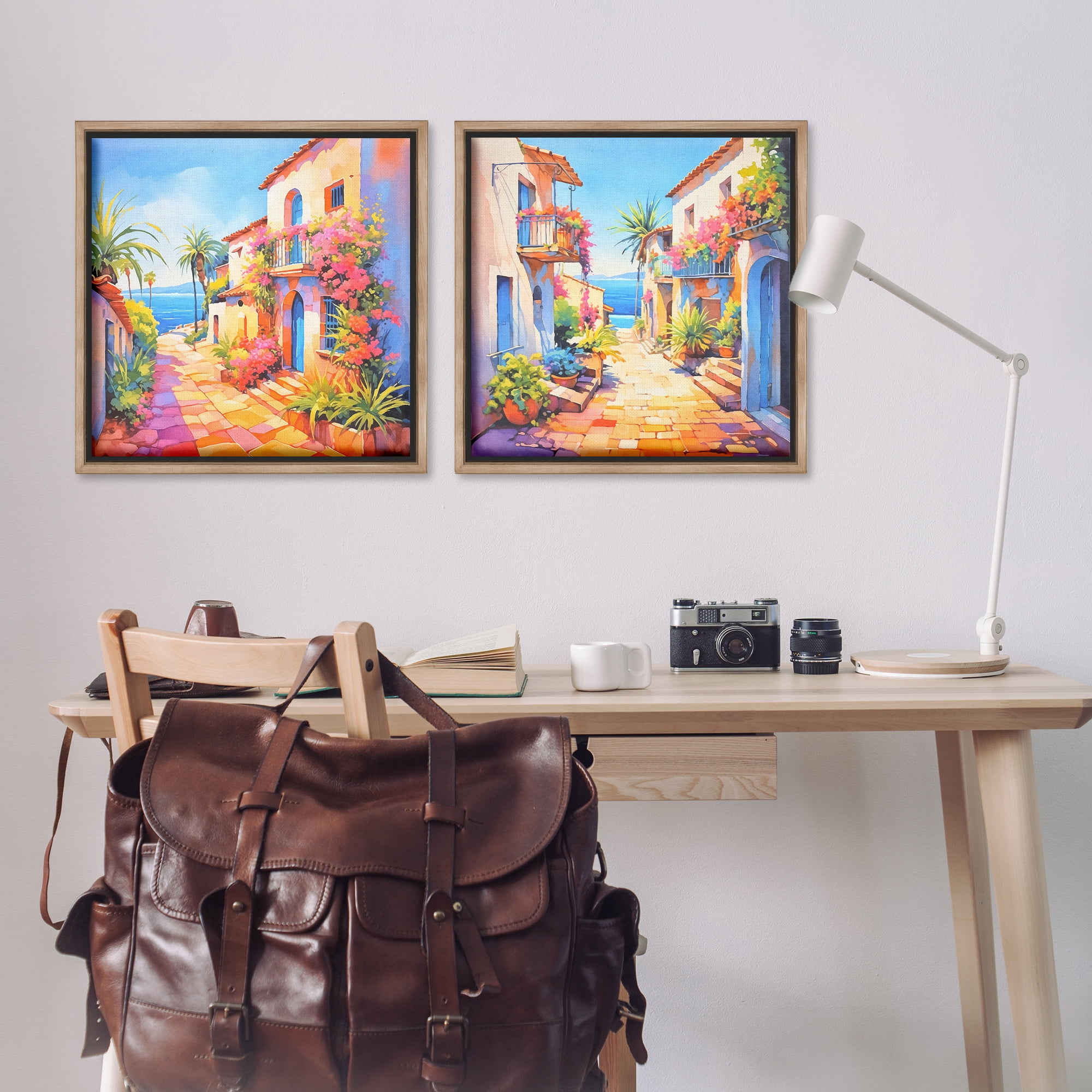 Stupell Industries Mediterranean Summer Island Vista Buildings & Architecture Painting Brown Floater Framed Canvas Art Print Wall Art, 25 x 25, Set of 2