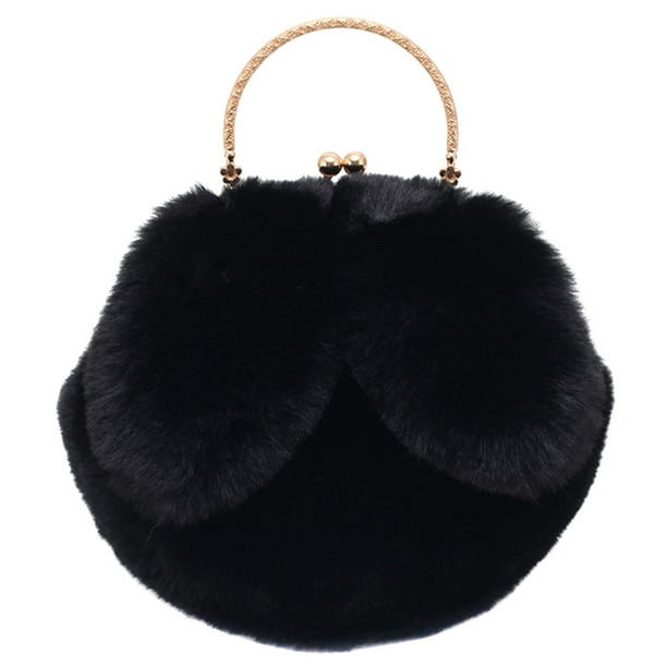 1 bolso bandolera con orejas de conejo de peluche a la moda, bolso de hombro con cadena para mujer y niña