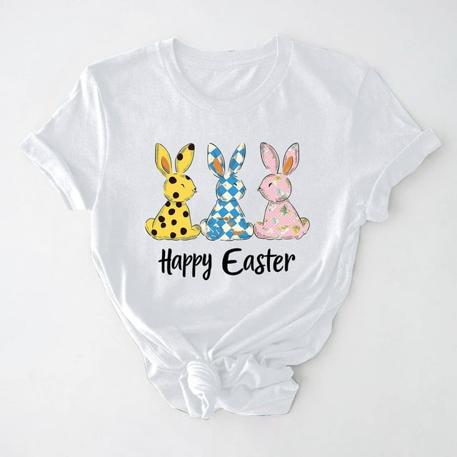 UPPADA Easter Femmes Oeufs Imprimé T-Shirts Heureux Easter Graphique Bunny Lapin Mignon T-Shirts Manches Courtes Décontracté Col Rond T-Shirts Été Basique Coupe Régulière Chemises Blanc,TG