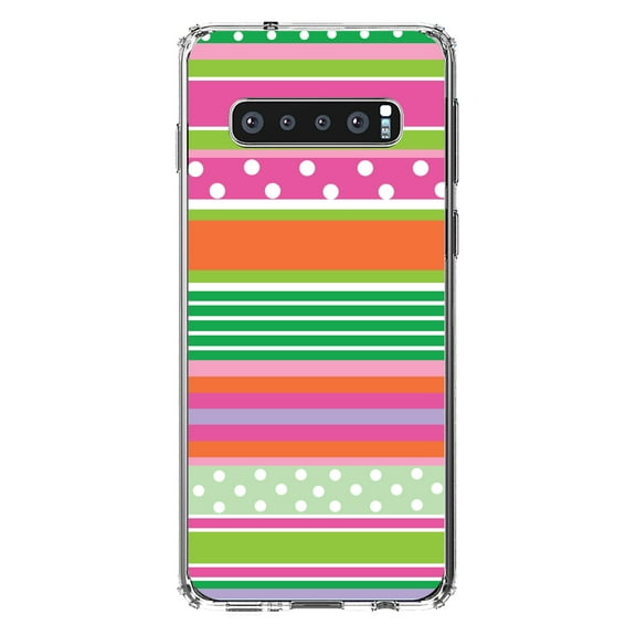 DistinctInk Clear Shockproof Hybrid Case for Samsung Galaxy S10 (6.1" Screen) - TPU Bumper, Acrylic Back, Tempered Glass Screen Protector - Green Pink White Stripes Polka Dots