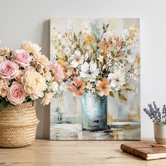 Flower Bouquet Canvas Wall Art, Country Vintage Pastoral Pink White Floral Leaf Vase Framed Picture Canvas Wall Art Print Decor Artwork Decorations for Living Room Bedroom Ready to Hang 18" x 12"