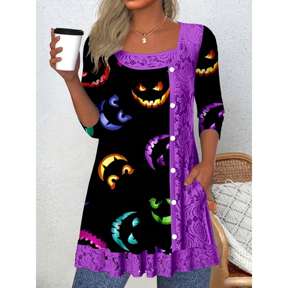 Nyfairy Women's Halloween Lace Patchwork Long Sleeve Button Top
