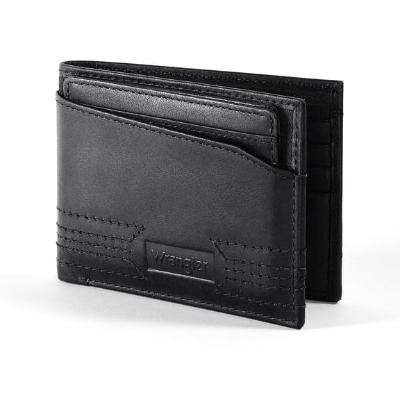 Wrangler Men's Bifold Wallet with Removable, Independent Card Slot ID Window, Genuine Leather, RFID Blocking, Gift Box Packaging, Father's Day Gifts for Dad, Black