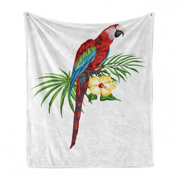 Bird Print Soft Flannel Fleece Throw Blanket, Tropical Macaw Parrot on an Exotic Palm Leaves and Hibiscus Branch Summer Art, Cozy Plush for Indoor and Outdoor Use, 50" x 70", Multicolor, by Ambesonne