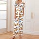 thumbnail image 1 of Pijama de manga corta con estampado fino y pantalones largos con solapa para mujer, top y pantalones de poliéster., 1 of 5